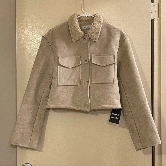 STORETS Vanessa Cropped Shearling Jacket in Beige - Picture 10 of 14